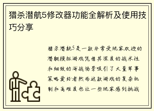 猎杀潜航5修改器功能全解析及使用技巧分享