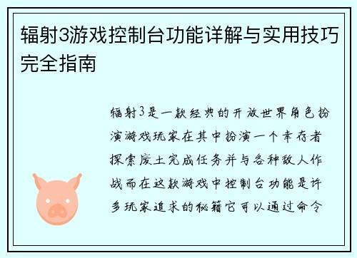 辐射3游戏控制台功能详解与实用技巧完全指南